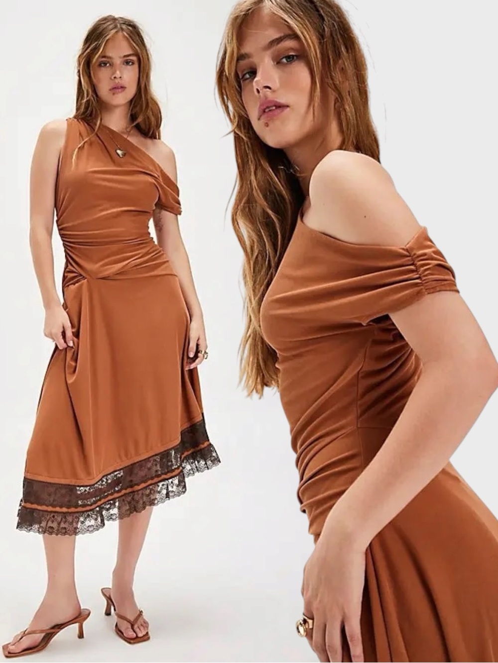 Free People XL Kairo Midi Dress Wheat Bran Brown Asymmetrical Lace Off Shoulder